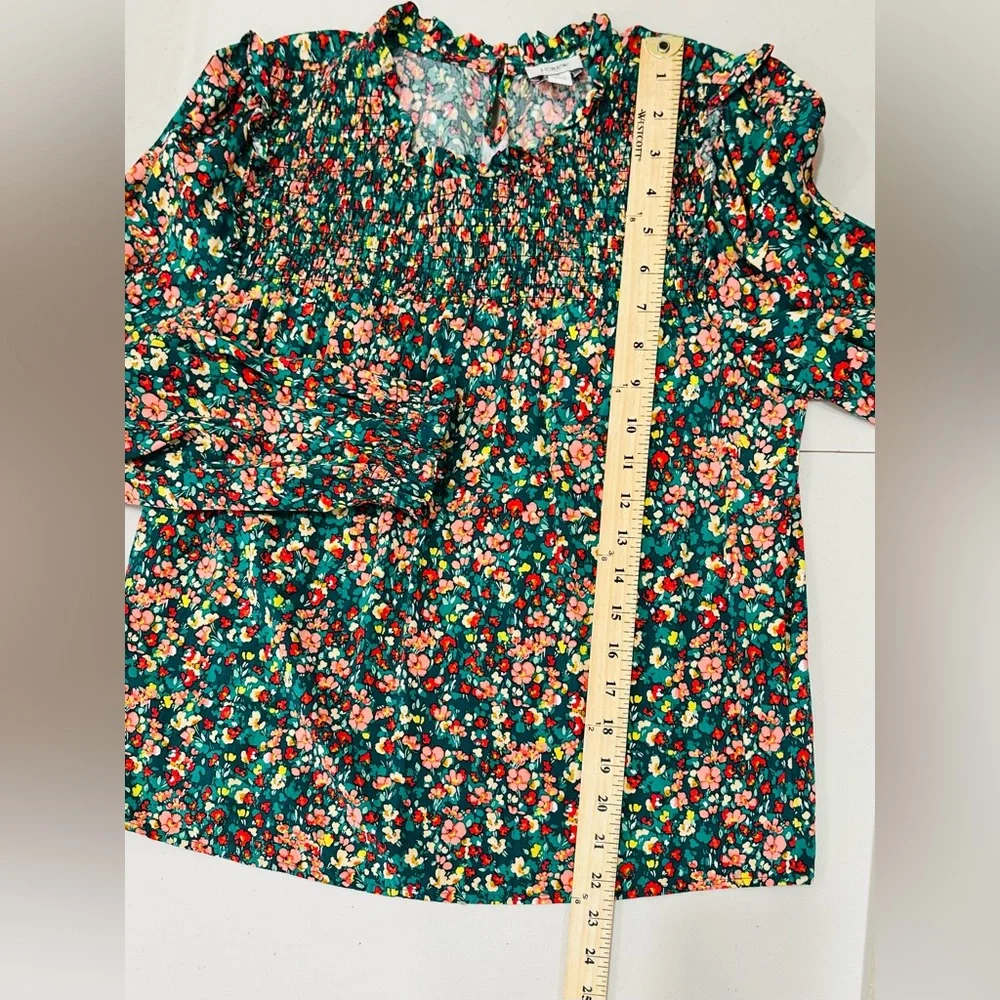 J. Crew Factory Smocked Ruffleneck‎ Top Small Viscose Multicolor